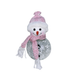 Decorative snowman with pink scarf and hat on a white background