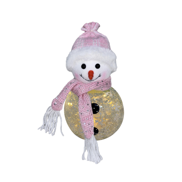 Decorative snowman figure with a pink scarf and hat on a white background