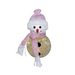 Decorative snowman figure with a pink scarf and hat on a white background