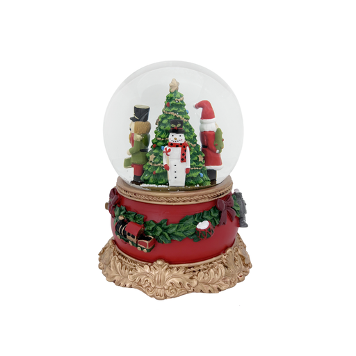 Christmas-themed snow globe with a red base, snowman, tree, and Santa Claus figure inside.