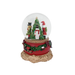 Christmas-themed snow globe with a red base, snowman, tree, and Santa Claus figure inside.