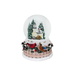 Christmas-themed snow globe with trees, house, and birds on a white background