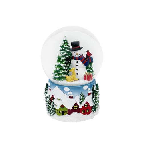 Snow globe with a snowman, trees, and houses on a white background