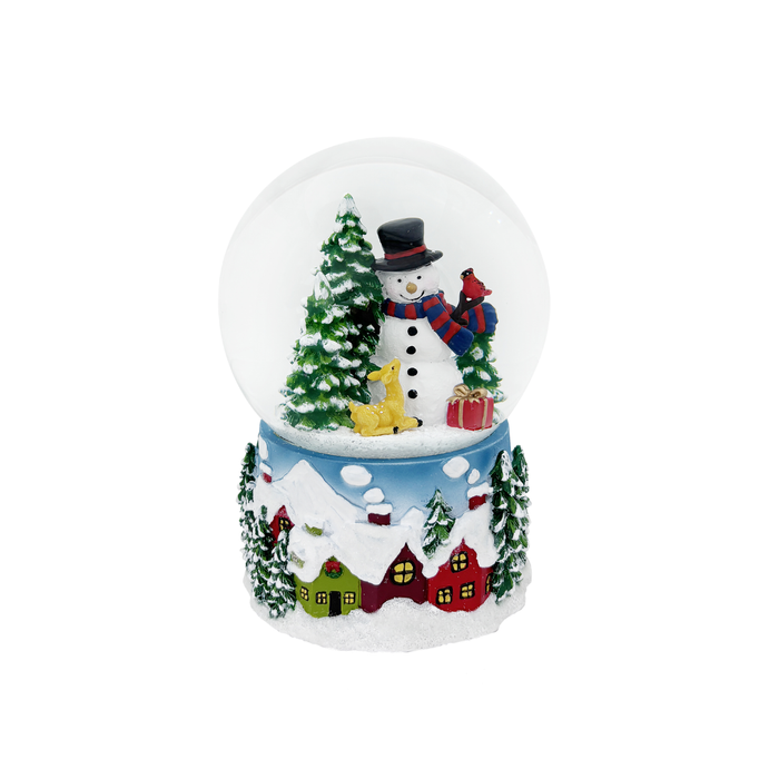 Snow globe with a snowman, trees, and houses on a white background