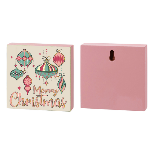 Pink block with 'Merry Christmas' design on a white background