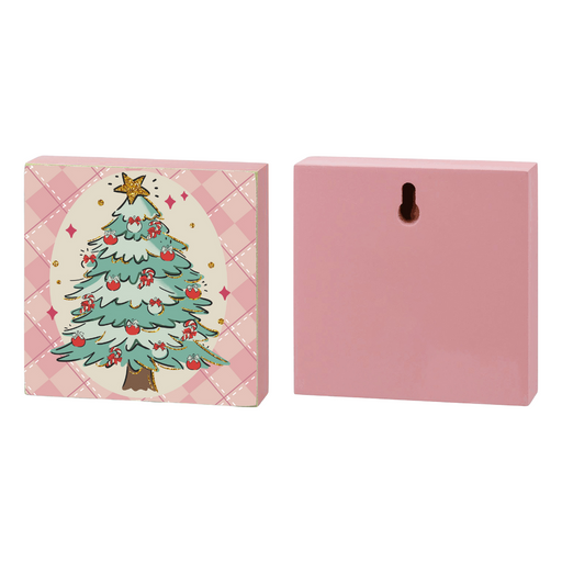 Pink block with a Christmas tree design on a white background