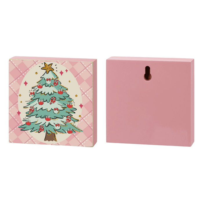 Pink block with a Christmas tree design on a white background