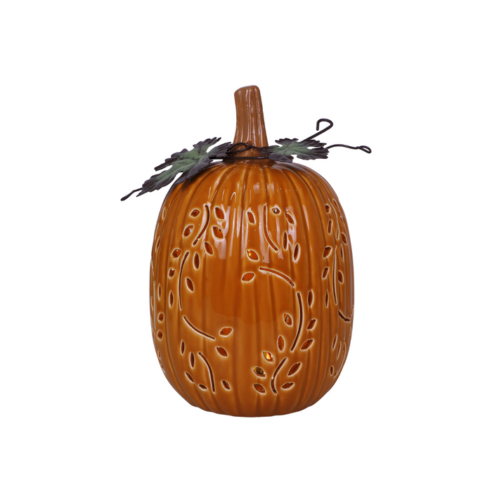 Orange Fall Leaves Ceramic LED Pumpkin