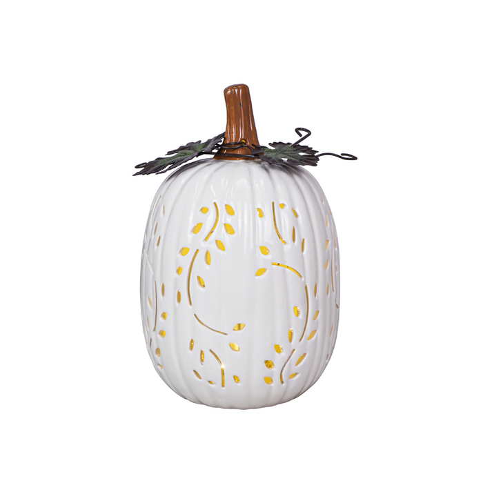 White Fall Leaves Ceramic LED Pumpkin