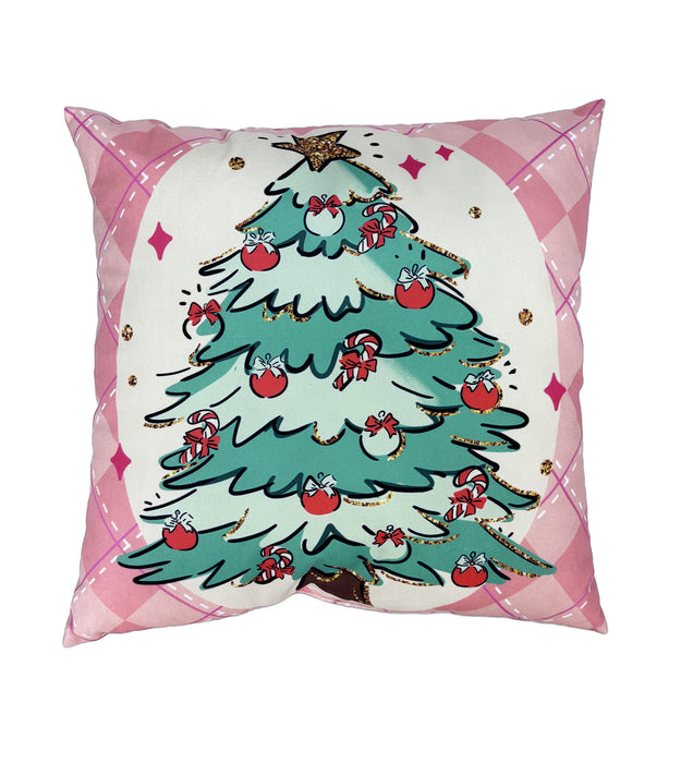 Decorative pillow with a Christmas tree design on a pink checkered background