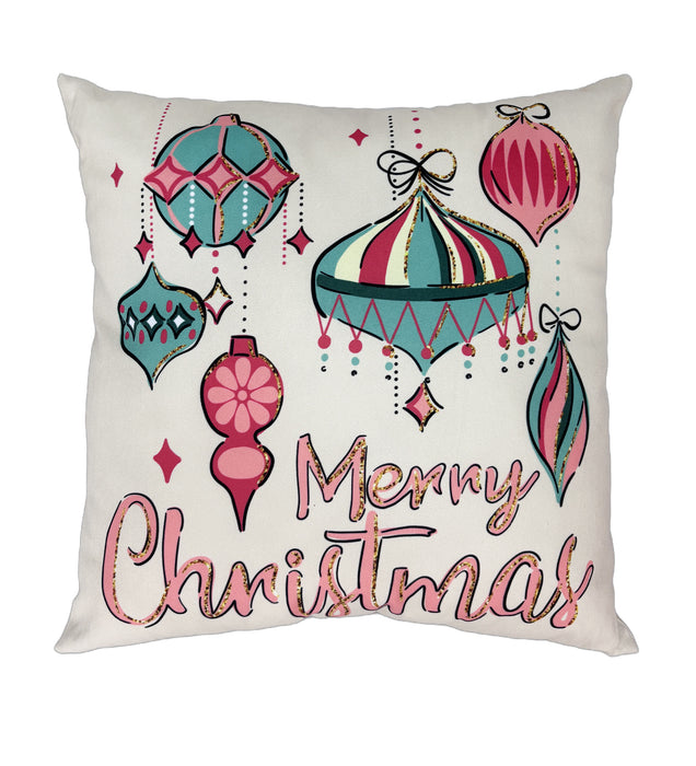 Decorative pillow with Christmas ornaments and 'Merry Christmas' text on a white background