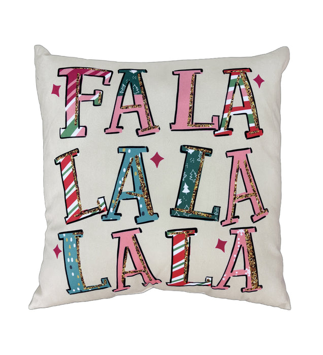Decorative pillow with 'FA LA LA LA LA' text in colorful letters on a white background
