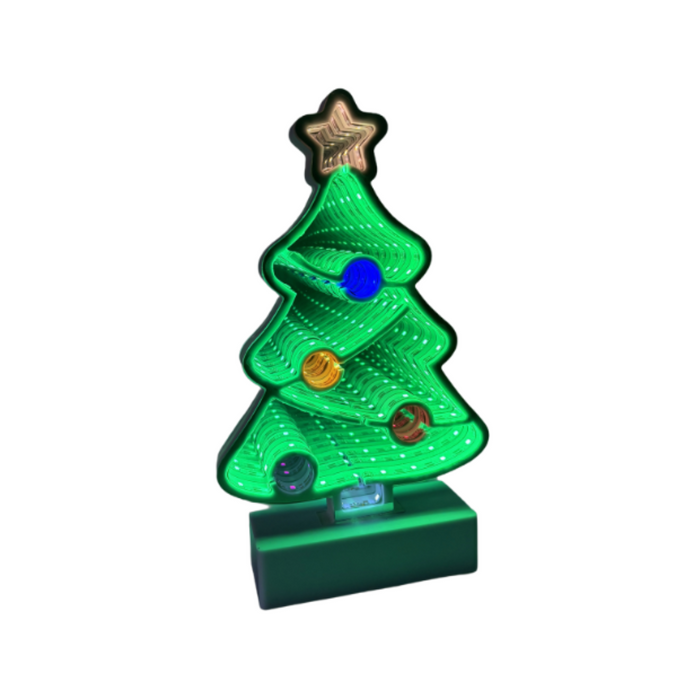 Green Christmas tree-shaped light on a white background