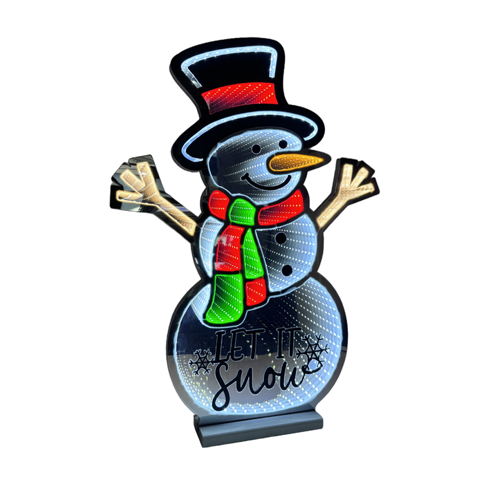 LED sign of a snowman with a top hat and scarf on a white background