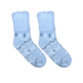 Pair of light blue socks with decorative patterns on a white background