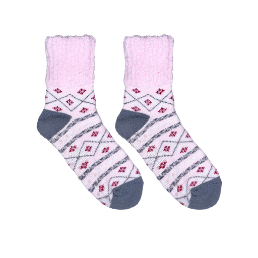 Pair of pink socks with a pattern on a white background