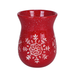 Red ceramic vase with white snowflake design on a white background