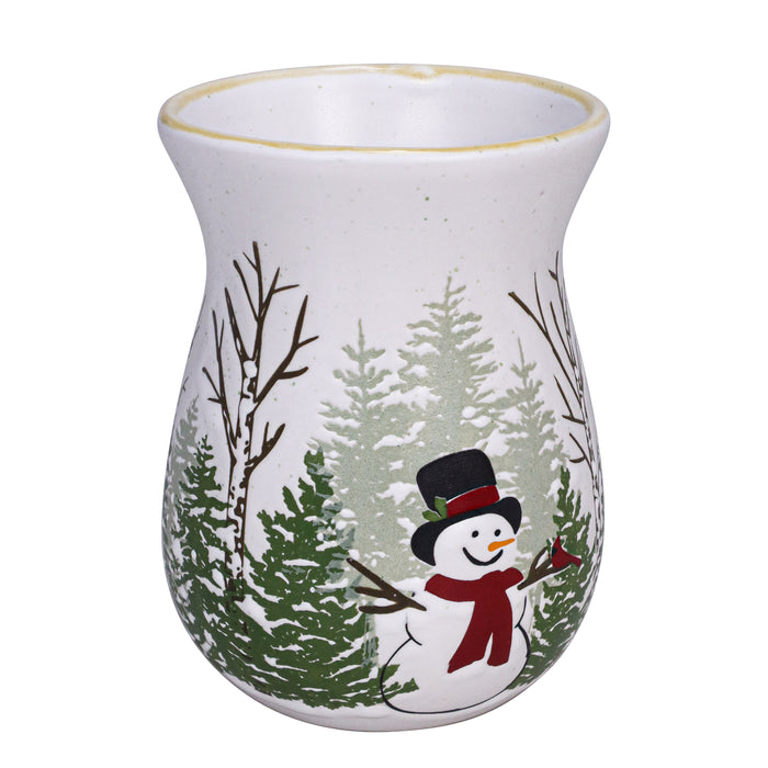 Decorative vase with a snowman and winter scene design on a white background