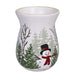 Decorative vase with a snowman and winter scene design on a white background