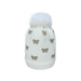 White knit hat with decorative bows and a white pom-pom on a white background
