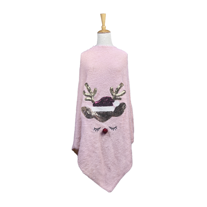 Pink poncho with reindeer design on a mannequin against a white background