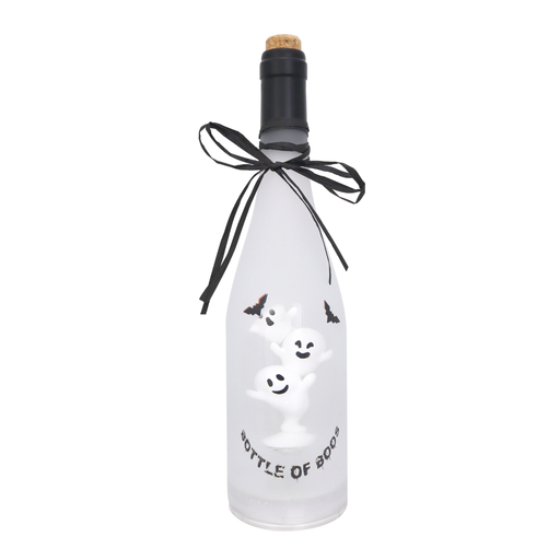 A frosted glass bottle with a black neck wrap and black ribbon bow, decorated with white ghost illustrations and the text 'BOTTLE OF BOO' on a plain white background.