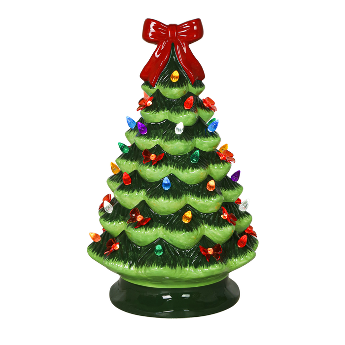 14.25" Green Holiday Red Bow Ceramic Light Up Tree
