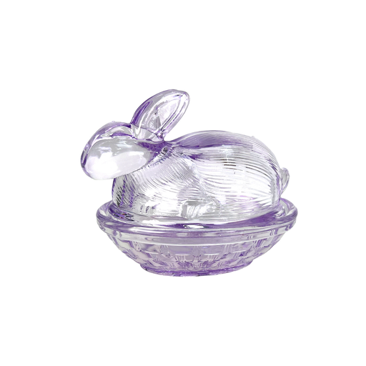 Clear glass rabbit-shaped container with a purple rim on a white background