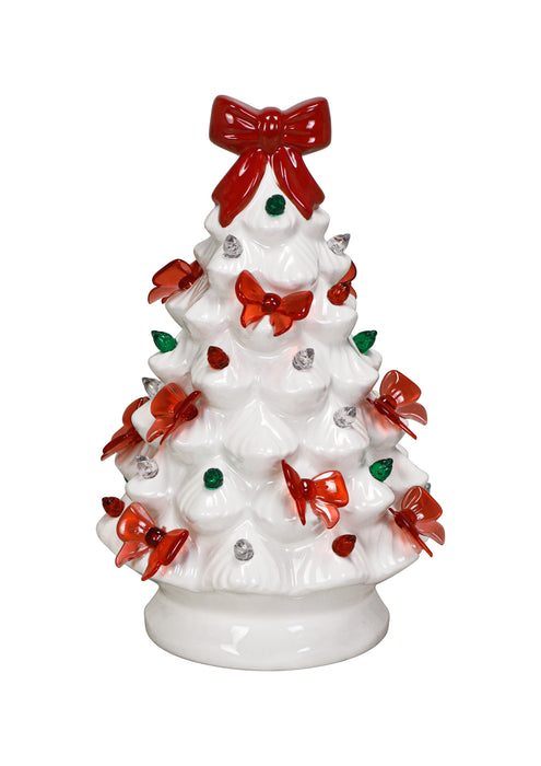 7.5" White Holiday Red Bow LED Ceramic Tree