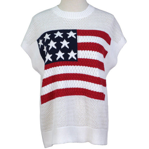 White sleeveless sweater with American flag design on a white background