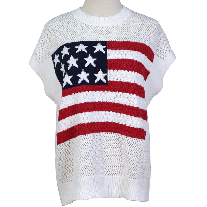 White sleeveless sweater with American flag design on a white background