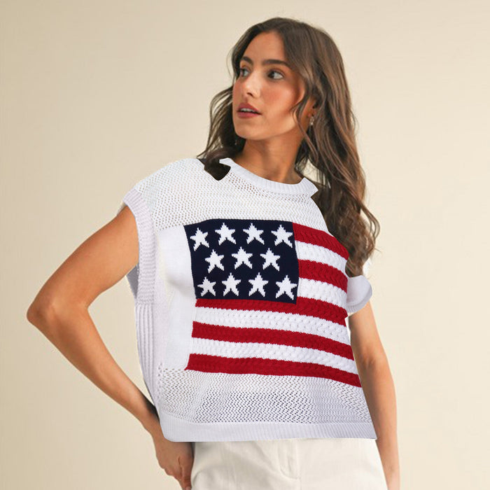 Woman wearing a white sleeveless top with an American flag design on a beige background
