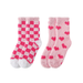 Two pairs of pink socks with checkered and heart patterns on a white background