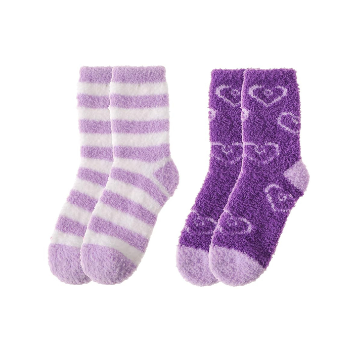 Two pairs of purple socks with heart patterns on a white background