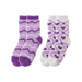 Two pairs of purple and white patterned socks on a white background