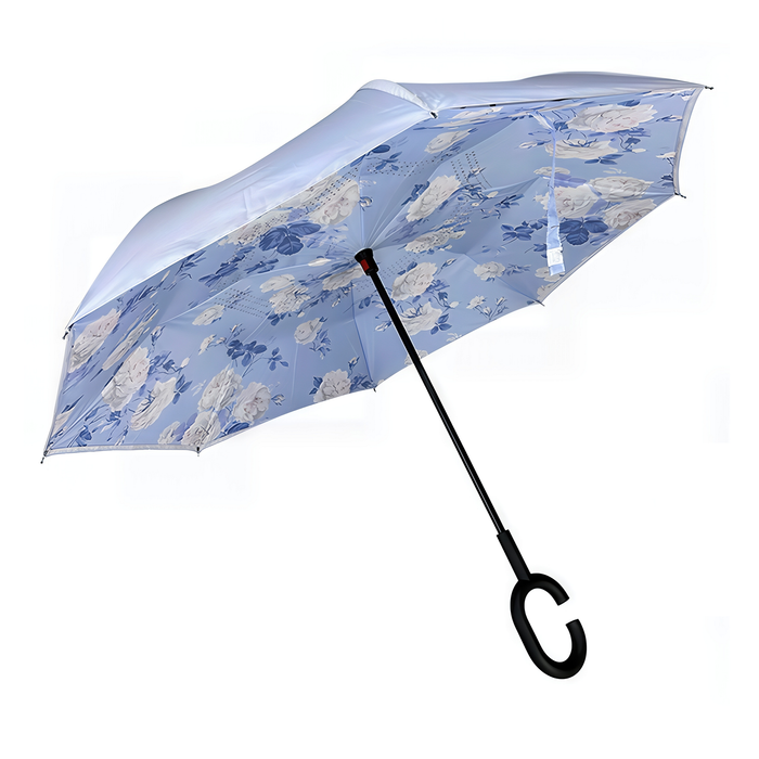 Inverted blue umbrella with floral pattern 
