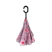 Floral-patterned umbrella with a black C-shaped handle on a white background