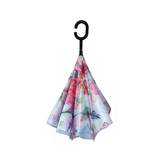 Floral-patterned umbrella with a C-shaped handle on a white background