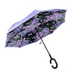 Floral-patterned umbrella with a black handle on a white background
