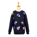 A black crewneck sweatshirt displayed on a mannequin torso, featuring colorful sequined guitar pick motifs in purple, pink, orange, and white across the front.