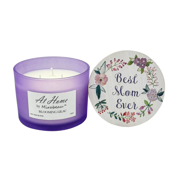 Purple candle with a decorative coaster that says 'Best Mom Ever' on a white background