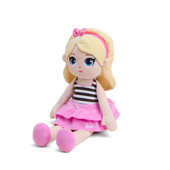 Plush toy doll with blonde hair, pink dress, and striped top on a white background