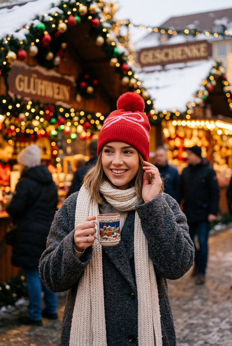 Red with Pink Bow Holiday Patchwork Beanie