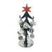A black decorative tabletop Christmas tree with a red star topper and hanging ornaments, including clear baubles with black patterns, white ghosts, and green glitter, on a plain white background.