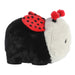 Plush toy resembling a ladybug with black and red body and white face on a white background