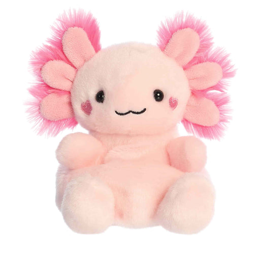 Plush toy axolotl with pink hair on a white background