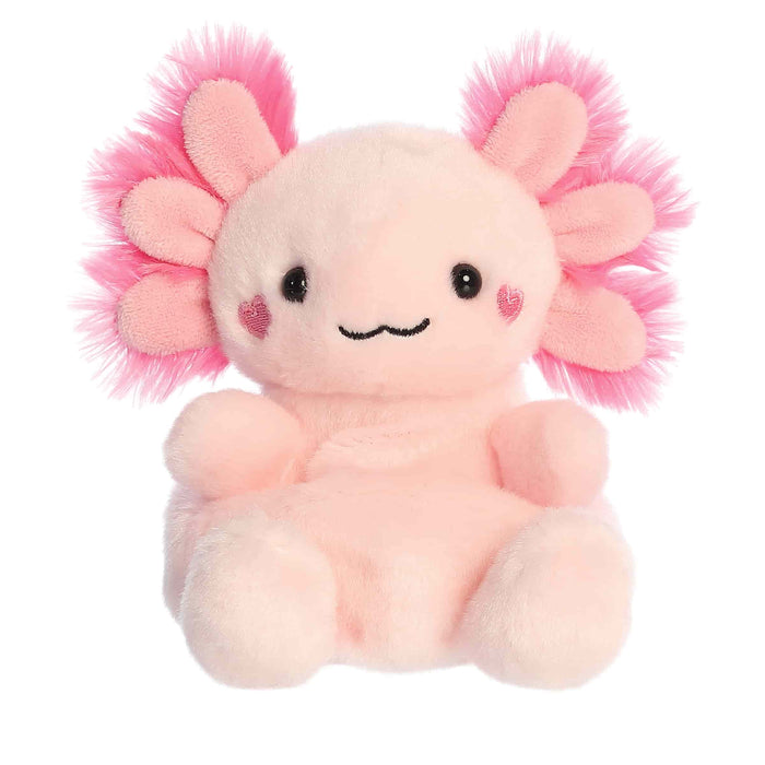 Plush toy axolotl with pink hair on a white background