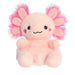 Plush toy axolotl with pink hair on a white background