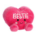 Pink plush heart-shaped toy with 'BESTIE' text on a white background