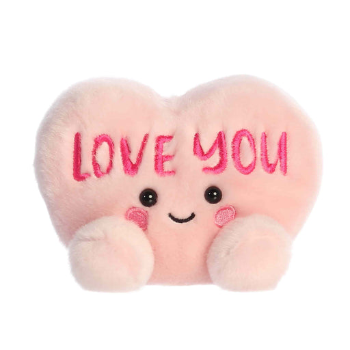 Heart-shaped plush toy with 'LOVE YOU' text on a white background